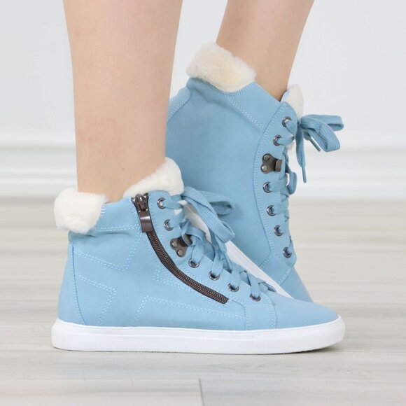 High Tops Womens Fashion Sneakers Shoes Fuzzy Ankle Light Blue - Picture 3 of 13